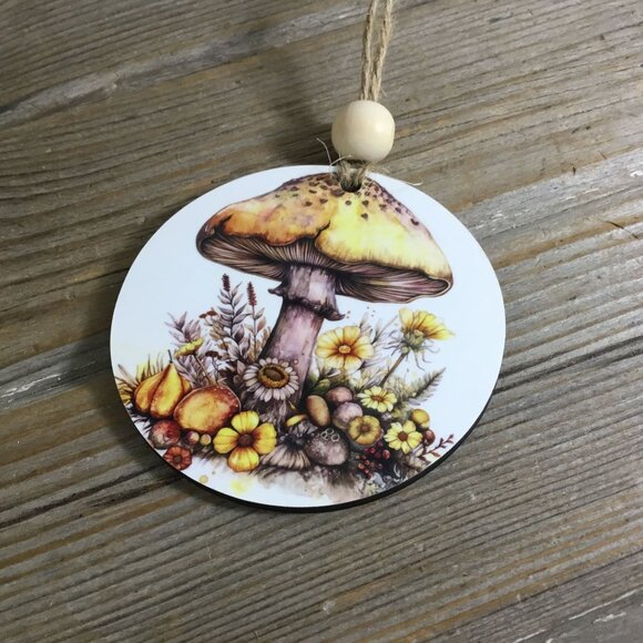 Woodland Mushroom and Yellow Flowers Christmas Ornament  3.5" Wooden Ornament - Picture 5 of 5
